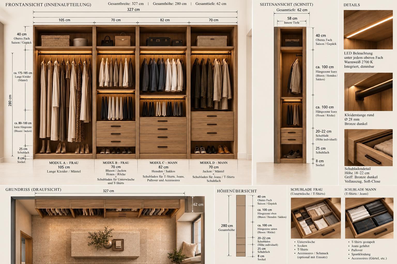 Planta técnica do closet com medidas e módulos
